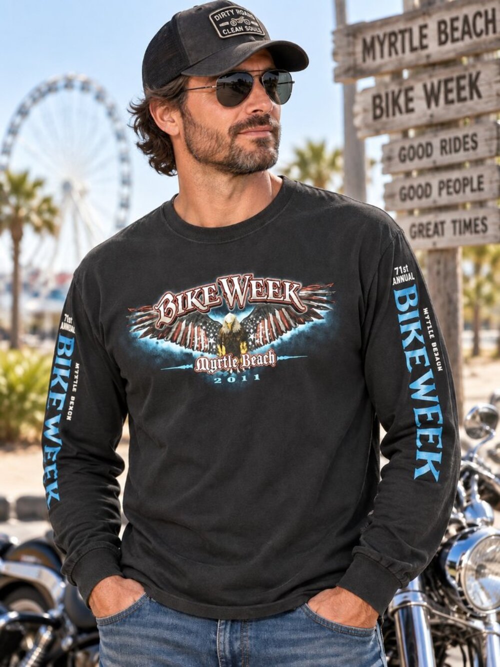 2011 Myrtle Beach Bike Week Long Sleeve Shirt Mens XL Eagle Biker Black